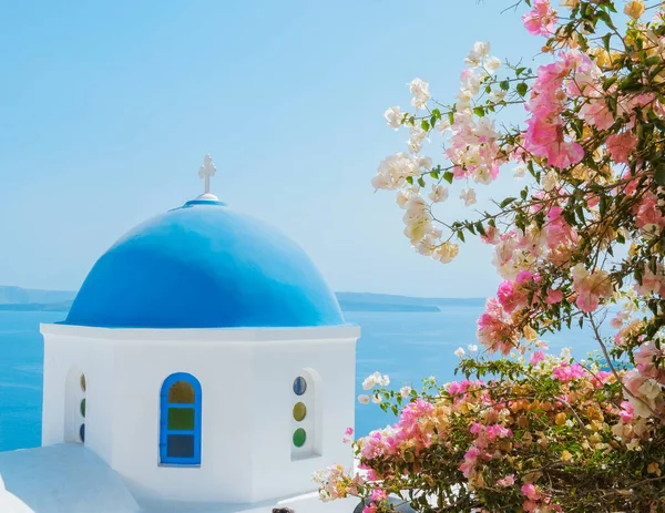 Blue dome from church with flowers at Oia Santorini Greece on a sunny day during summer with whitewashed homes and churches, Greek Island Aegean Cyclades