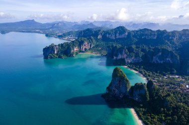 Railay Beach Krabi Thailand, the tropical beach of Railay Krabi, drone view from above, Panoramic view of idyllic Railay Beach in Thailand with a traditional long boat.