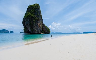 Railay Beach Krabi Thailand, the tropical beach of Railay Krabi, Panoramic view of idyllic Railay Beach in Thailand on a sunny day