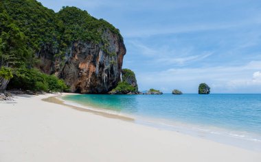 Railay Beach Krabi Thailand, the tropical beach of Railay Krabi, Panoramic view of idyllic Railay Beach in Thailand on a sunny day