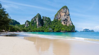 Railay Beach Krabi Thailand, the tropical beach of Railay Krabi, Panoramic view of idyllic Railay Beach in Thailand on a sunny day