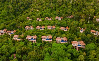 couple of men and women on a luxury vacation at a pool villa in the jungle rainforest.