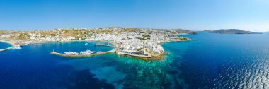 Drone view of Mykonos Greek village in Greece, colorful streets of Mikonos village.