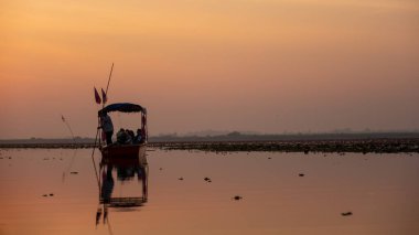  Red Lotus Sea Kumphawapi Udon Thani Thailand February 2023, tourist in boats at the lake full of pink flowers in Udon Thani in northern Thailand. Flora of Southeast Asia. 