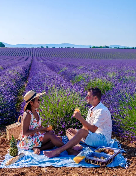 Provence, Lavender field France, Valensole Plateau, a colorful field of Lavender Valensole Plateau, Provence, Southern France Couple men and women on vacation having a picnic