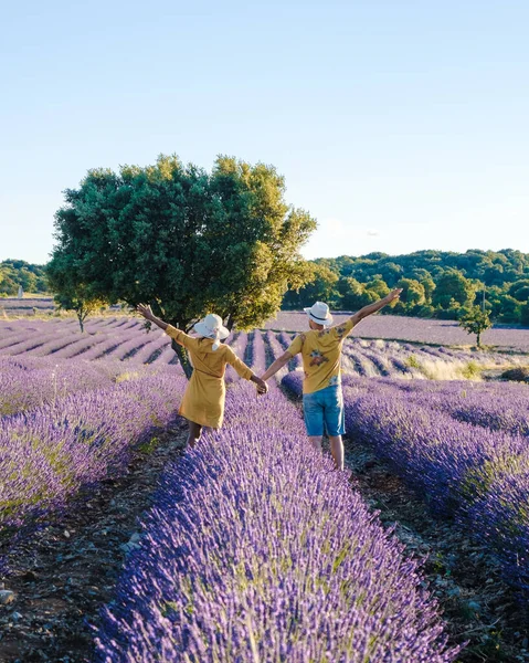 法国薰衣草场 法国南部薰衣草场的一片五彩斑斓的土地一对男女在度假 — 图库照片