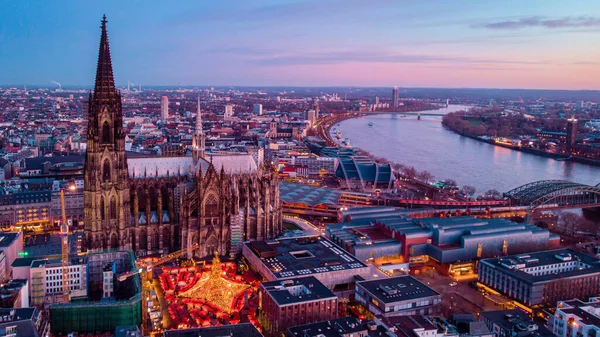Kölner Weihnachtsmarkt Drohnen Blick Über Den Kölner Rhein — Stockfoto
