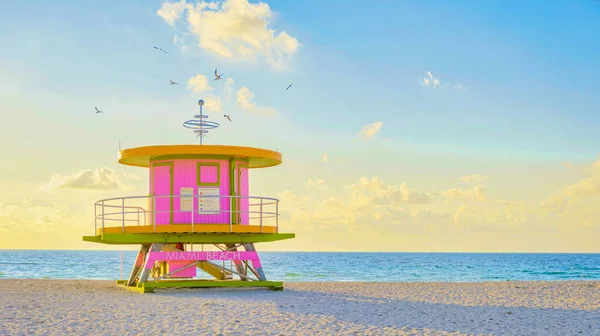 Lifeguard Hut Beach Miami Florida Colorful Hut Beach Sunrise Miami —  Fotos de Stock
