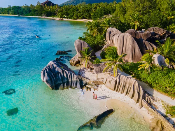 Anse Source Dargent Beach Digue Island Seyshelles Drone Aerial View — Stockfoto