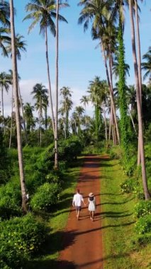Akşamları Koh Mak Tayland tropikal adasında yüksek yeşil palmiye ağaçları, hindistan cevizi ağaçlarının üzerinde insansız hava aracı görüntüsü, palmiye ağaçları arasında kum yolunda yürüyen genç bir çift ve kadın. 