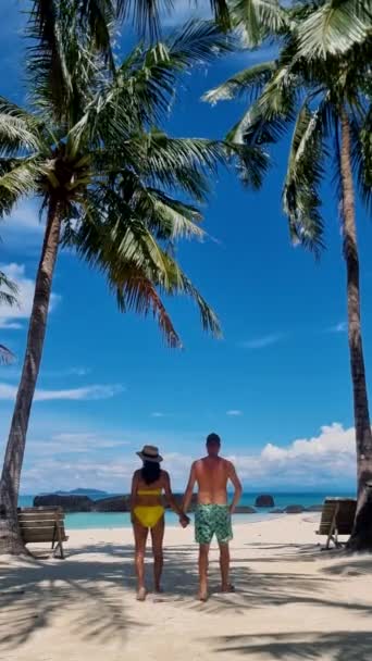 부부가 타이에 야자나무가 있습니다 날푸른 하늘을 배경으로 남녀들 이배를 타이의 — 비디오