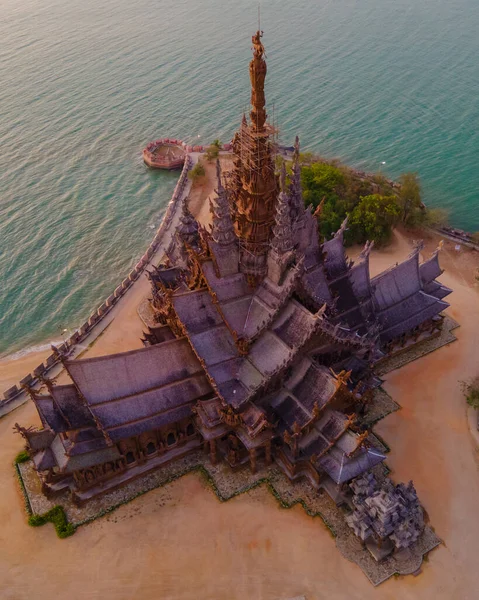 Heiligtum Der Wahrheit Pattaya Thailand Hölzerner Tempel Meer Bei Sonnenuntergang — Stockfoto