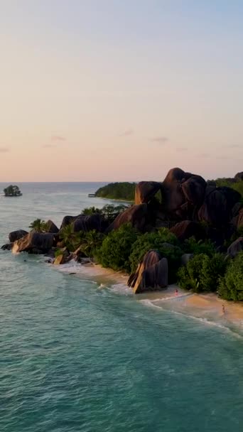 Anse Source Dargent Beach Digue Seychelles Drone View Beach Sunset — Stock videók