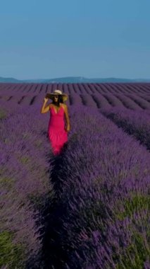 Provence, Lavanta tarlası Fransa, Valensole Platosu, Provence 'de renkli bir lavanta tarlası, Provence Asyalı kadın tatilinde kırmızı elbiseli ve lavanta tarlasında şapkalı kadınlar.