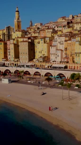 Colorido Casco Antiguo Menton Riviera Francesa Francia Drone Vista Aérea — Vídeos de Stock