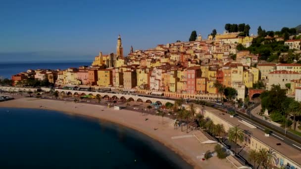 Colorato Centro Storico Mentone Sulla Costa Azzurra Francia Drone Vista — Video Stock