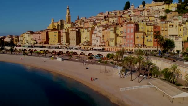 Kleurrijke Oude Stad Menton Aan Franse Rivièra Frankrijk Drone Luchtfoto — Stockvideo