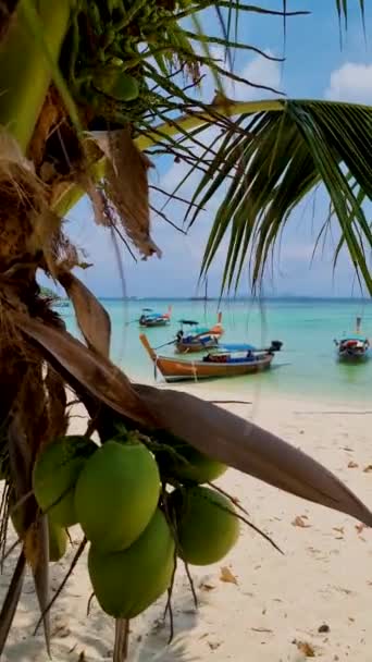 Koh Lipe Thailand在阳光普照的蓝绿色大海中看到的长尾船 — 图库视频影像