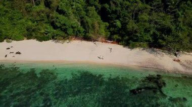 Trang Tayland 'daki tropikal ada Koh Kradan' da yürüyen bir çift kadın ve erkek. Turkuaz renkli okyanuslu güzel bir plaj.