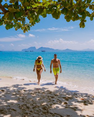 Güneşli bir günde, Tayland 'da Koh Kradan adasının sahilinde oturan bir çift erkek ve kadının arkası.