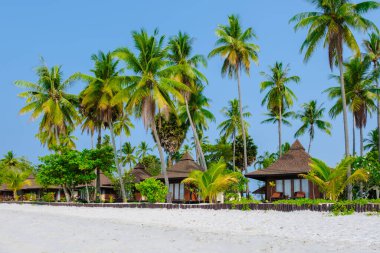 Tayland 'da Andaman Denizi' ndeki Koh Mook tropikal adası, beyaz kumlu tropik plaj ve hindistan cevizi palmiyeli turkuaz renkli okyanus. Sahildeki ahşap bungalovlar