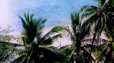 Gün batımında kumsalda yürüyen bir çift erkek ve kadın, güneşli bir günde turkuaz renkli bir okyanusla Koh Kradan Adası Tayland