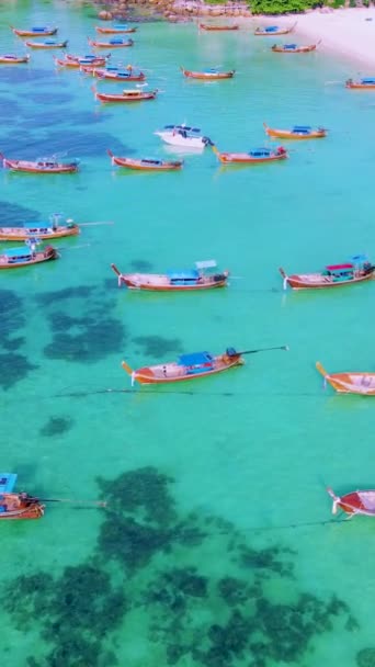 高丽普岛泰国萨顿 拥有热带海滩和草屋色的海洋 在高丽普岛的海滩上一连有五彩斑斓的长尾船 — 图库视频影像