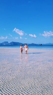 Güneşli bir günde, Tayland 'da Koh Kradan Adası sahilinde turkuaz renkli bir okyanus ve insansız hava aracı manzaralı bir çift kadın ve erkek.