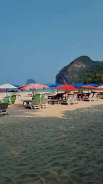 Koh Mook Adası veya Koh Muk Trat Tayland palmiye ağaçları ve renkli şemsiyeli plaj sandalyeleri olan tropikal beyaz bir plaj.