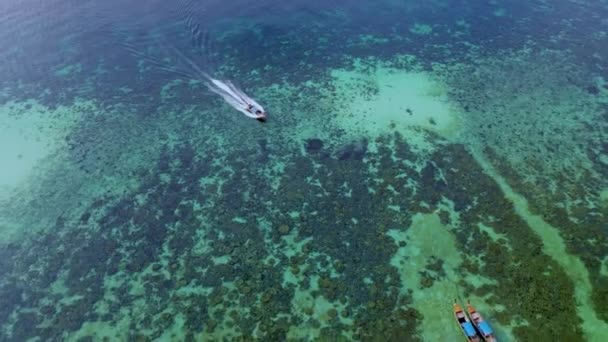 Koh Lipe Thailand Aerial View Longtail Boats Green Quoise Colored — 图库视频影像