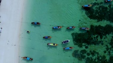 Koh Lipe Tayland 'ın turkuaz renkli okyanusta güneşli bir günde uzun kuyruklu teknelerin görüntüsü