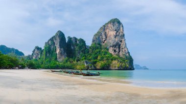 Railay Beach Krabi Thailand, the tropical beach of Railay Krabi, Panoramic view of idyllic Railay Beach in Thailand on a sunny day