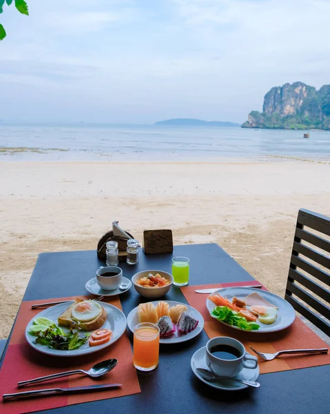 stock image Breakfast at a luxury hotel on the beach of Railay Krabi Thailand. 