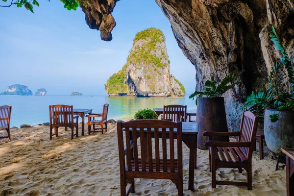 Restaurant Chairs Beach Limestone Cliff Grotto Railai Beach Krabi Thailand — Stock Photo, Image