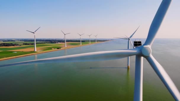 Turbinas Eólicas Lago Ijsselmeer Holanda Parque Moinho Vento Flevoland Durante — Vídeo de Stock