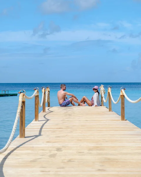 Paar Een Houten Pier Oceaan Van Curacao Caribbean Island Kokomo — Stockfoto