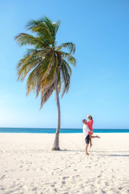 Palm Beach Aruba Karayipleri, tatil sırasında Aruba Antilleri 'nde palmiye ağaçları olan beyaz kumlu bir plajda birkaç kadın ve erkek.