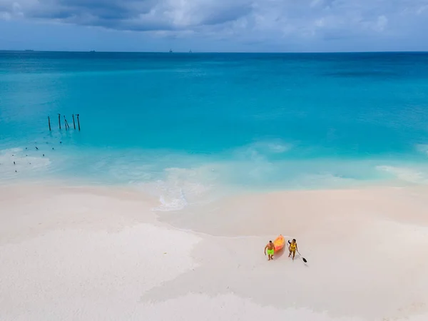 Couple Kayaking Ocean Vacation Aruba Caribbean Sea Man Woman Mid — Stock Photo, Image