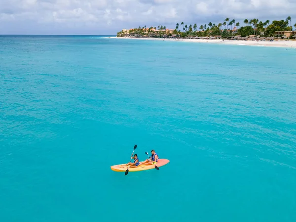 Couple Kayaking Ocean Vacation Aruba Caribbean Sea Man Woman Mid — 스톡 사진