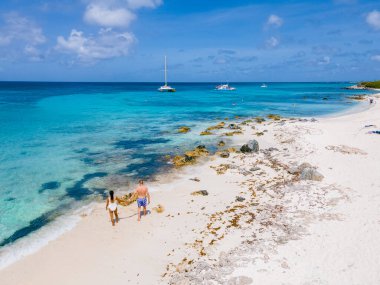 Aruba 'daki Eagle Beach' in kıyısında palmiye ağaçları, bir çift adam ve Aruba sahilinde bir kadın.