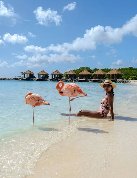 Kadınlar Plajda Pembe Flamingolarla Aruba Flamingolar Aruba Adası Nda Karayipler — Stok fotoğraf