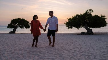 Aruba 'daki Eagle Beach' in kıyısında Divi Divi Trees ve gün batımında Aruba sahilinde bir kadın.