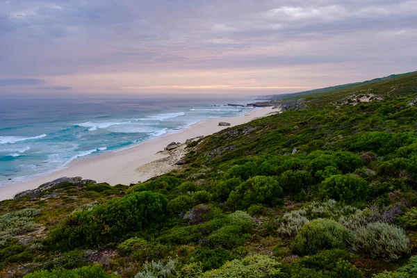 フープ自然保護区の夕日南アフリカ西ケープ 夏の間の庭のルートの一部であるデ フープ自然保護区の白い砂丘と南アフリカで最も美しいビーチ — ストック写真