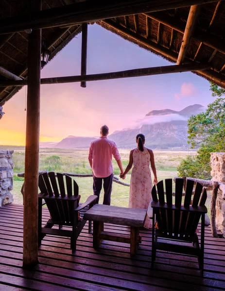 Couple Man Women Mid Age Front Lodge Vacation South Africa — Stock Photo, Image