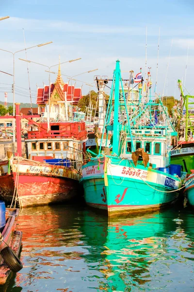 Stock image Bangsaray Pattaya Thailand May 2023, fishing harbor at the fishing village Bangsaray during sunset with colorful wooden fishing boats