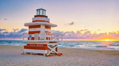 South Beach Miami Florida, beach hut lifeguard hut during sunset. beautiful sunset on Miami Beach