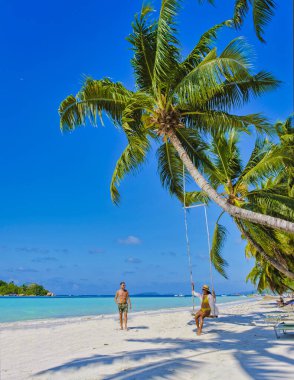 Praslin Seyşeller tropikal adasında beyaz plajlar ve palmiye ağaçları, hamaklardaki birkaç kadın ve erkek Anse Volber Seyşeller 'deki bir palmiye ağacının altında sallanıyorlar..