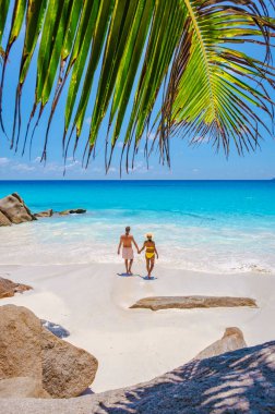 Praslin Seyşeller tropikal adasında plajlar ve palmiye ağaçları var. Seyşeller 'de tatilde olan iki erkek ve kadın. Anse Lazio Praslin Seyşeller' in tropik plajını ziyaret ediyorlar..