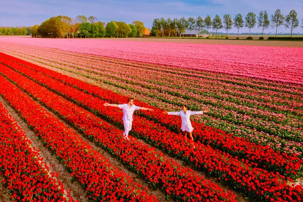 couple of men and woman in a flower field in the Netherlands during Spring, orange red tulips field near Noordoostpolder Flevoland Netherlands, men and woman in Spring evening sun, flowers
