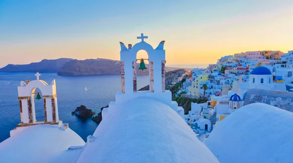 White Churches Blue Domes Ocean Oia Santorini Greece Traditional Greek — Photo